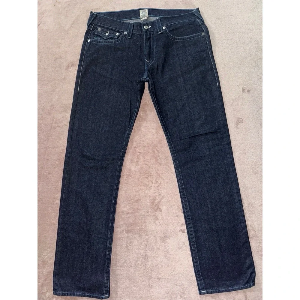 True Religion Mens Straight Blue Denim Jeans Dark Wash Slim‎ Fit Size 36